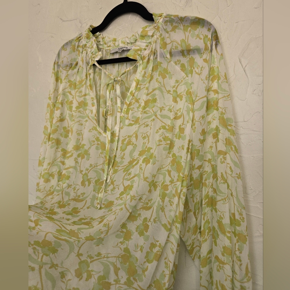 Anthro Aureta Floral Green Yellow White Flowy Top, L - Picture 6 of 12